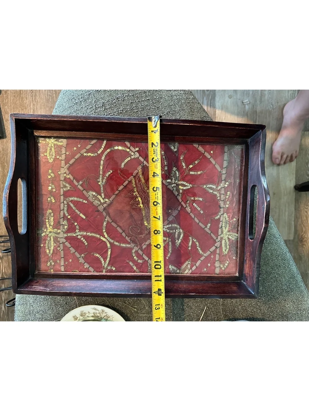 Vintage Sequin Embroidery Tray | Mahogany Wood Glass Top Serving Ottoman Turkish